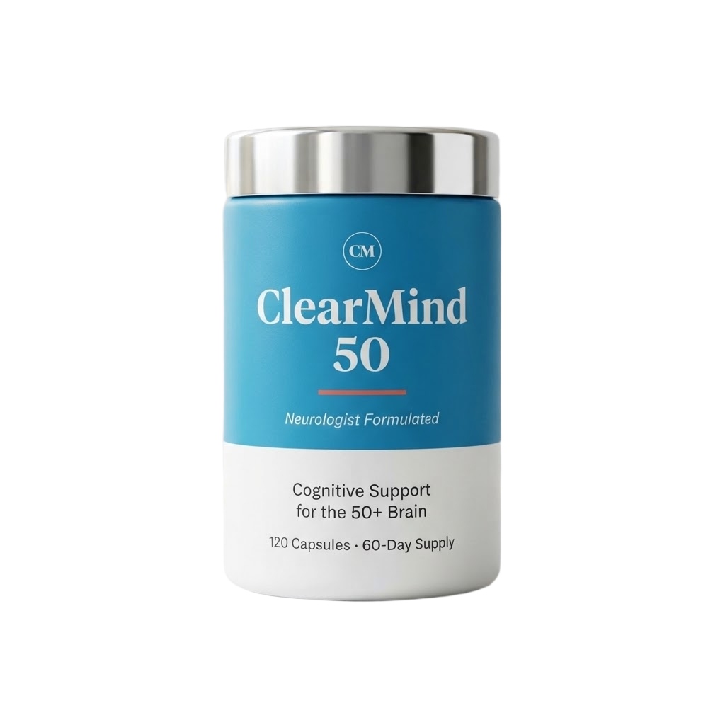 ClearMind 50 bottle with a cerulean blue label and silver cap