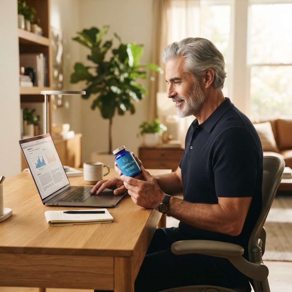 A ClearMind 50 customer holding the bottle at his desk
