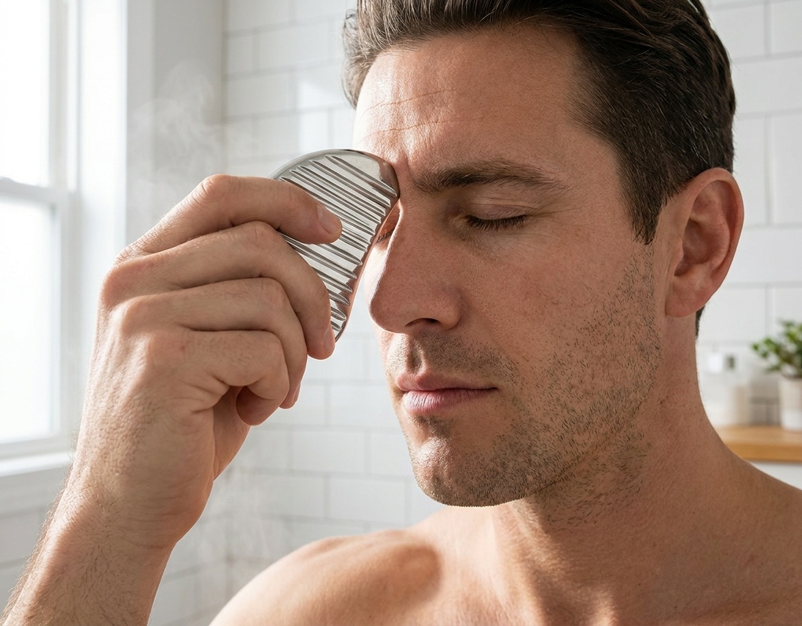 Man using a Grooovie steel gua sha tool on his forehead