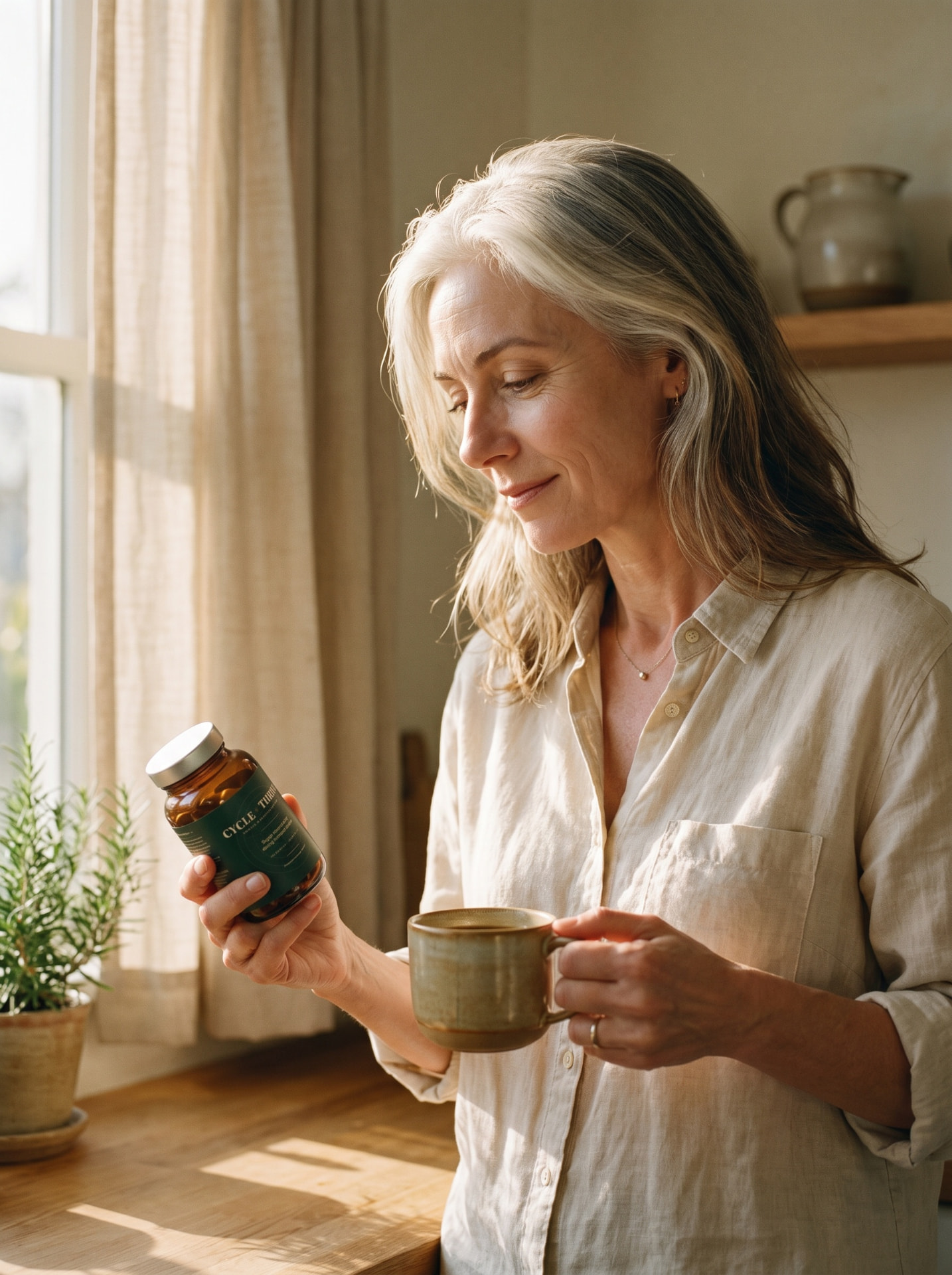 Woman holding a Cycle + Thrive supplement bottle