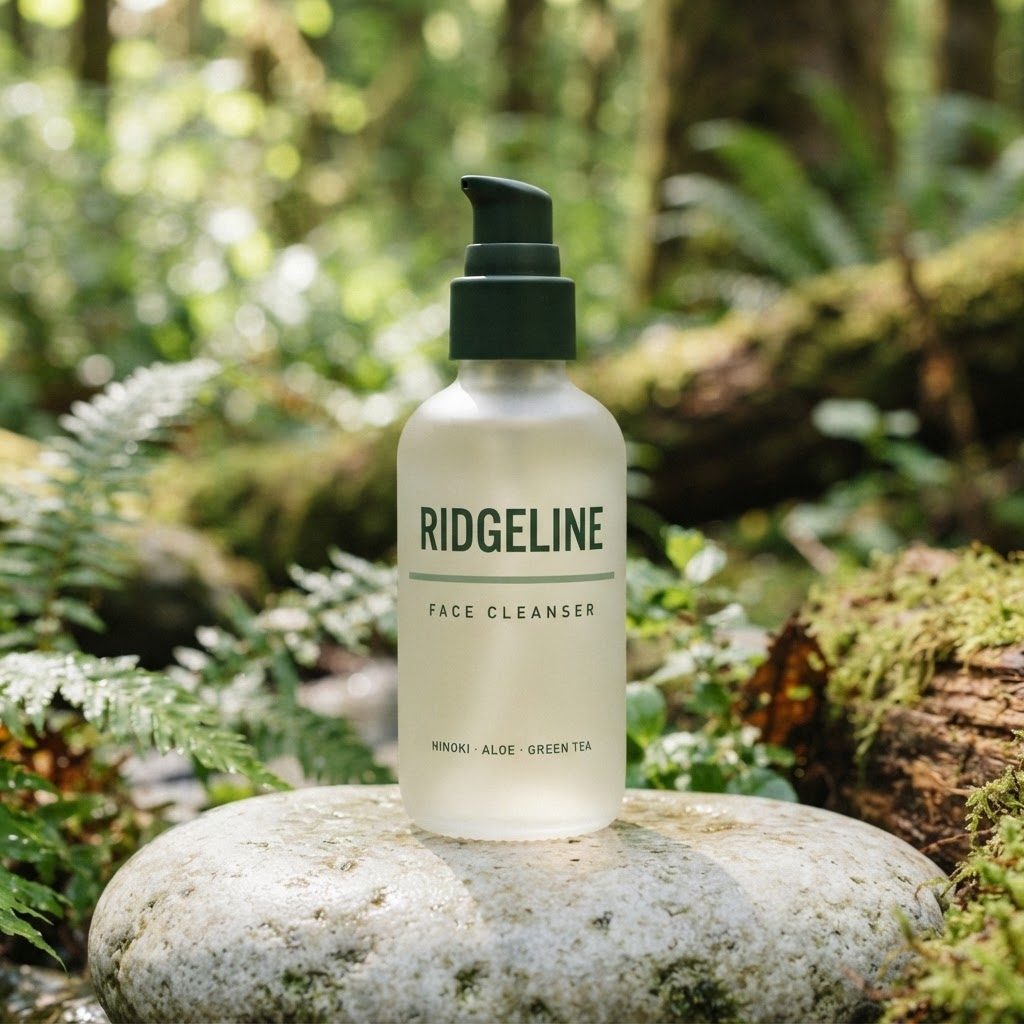 Ridgeline Skin face cleanser on a mossy stone